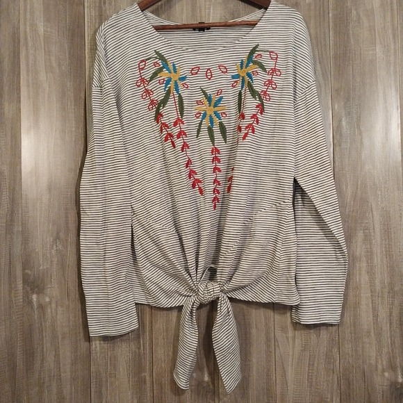 Hannah Women's Embroidered Tie-Front Boho Pheasant Long Sleeve Shirt Size XL - Picture 1 of 12